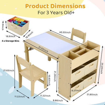 Kindertafel – Creatief Meubel – Speeltafel – Tekentafel – Houten Knutseltafel voor Kinderen – Met Papierrolhouder – Inclusief 2 Stoelen & Opbergruimte - Natuurlijk Hout - QUORE