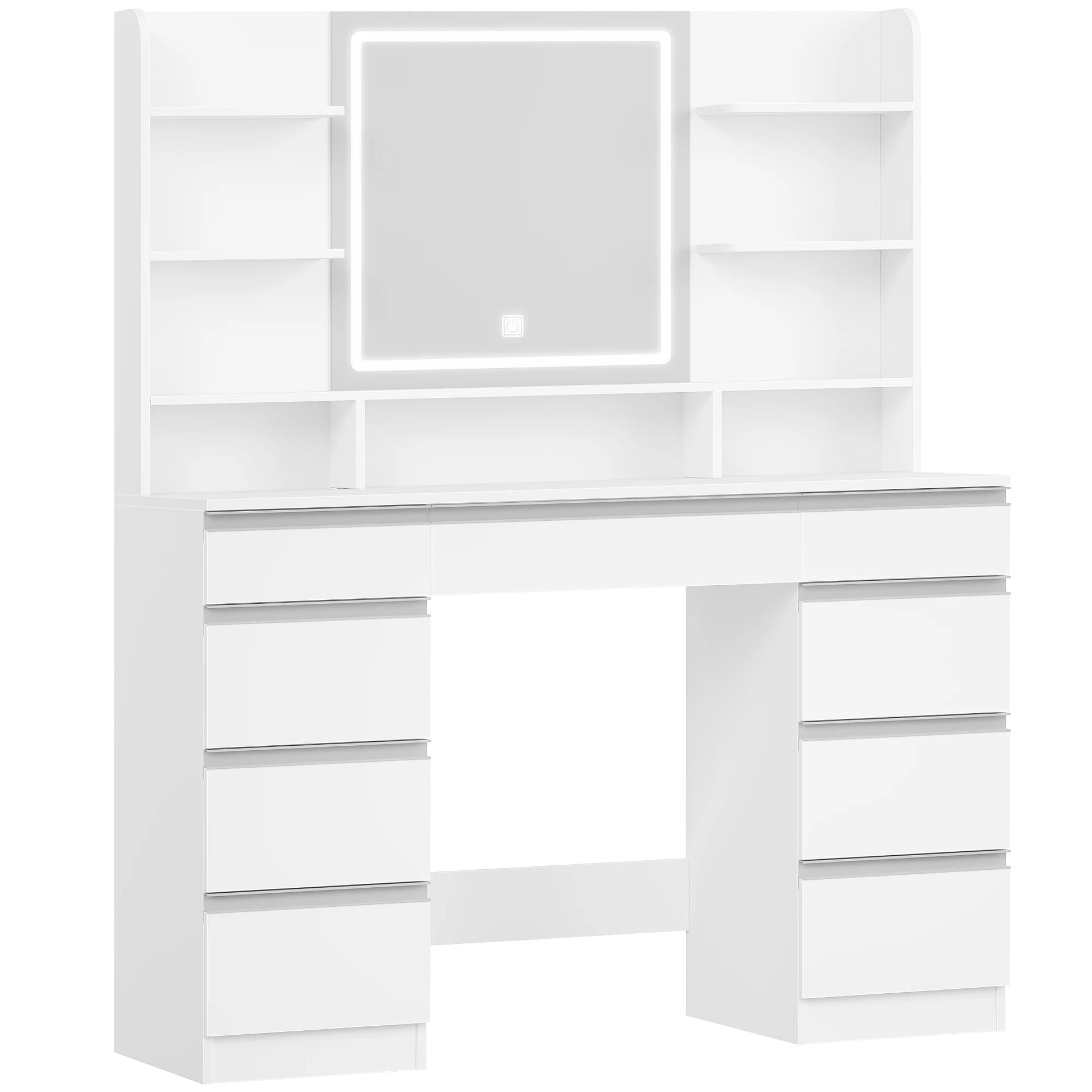 Make-up Tafel – Kaptafel – Visagietafel – Schminktisch – Make-up Bureau – Wit – 9 Lades & 9 Open Vakjes – Verstelbare LED Verlichting met 3 Kleuren - QUORE