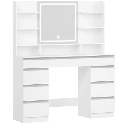 Make-up Tafel – Kaptafel – Visagietafel – Schminktisch – Make-up Bureau – Wit – 9 Lades & 9 Open Vakjes – Verstelbare LED Verlichting met 3 Kleuren - QUORE