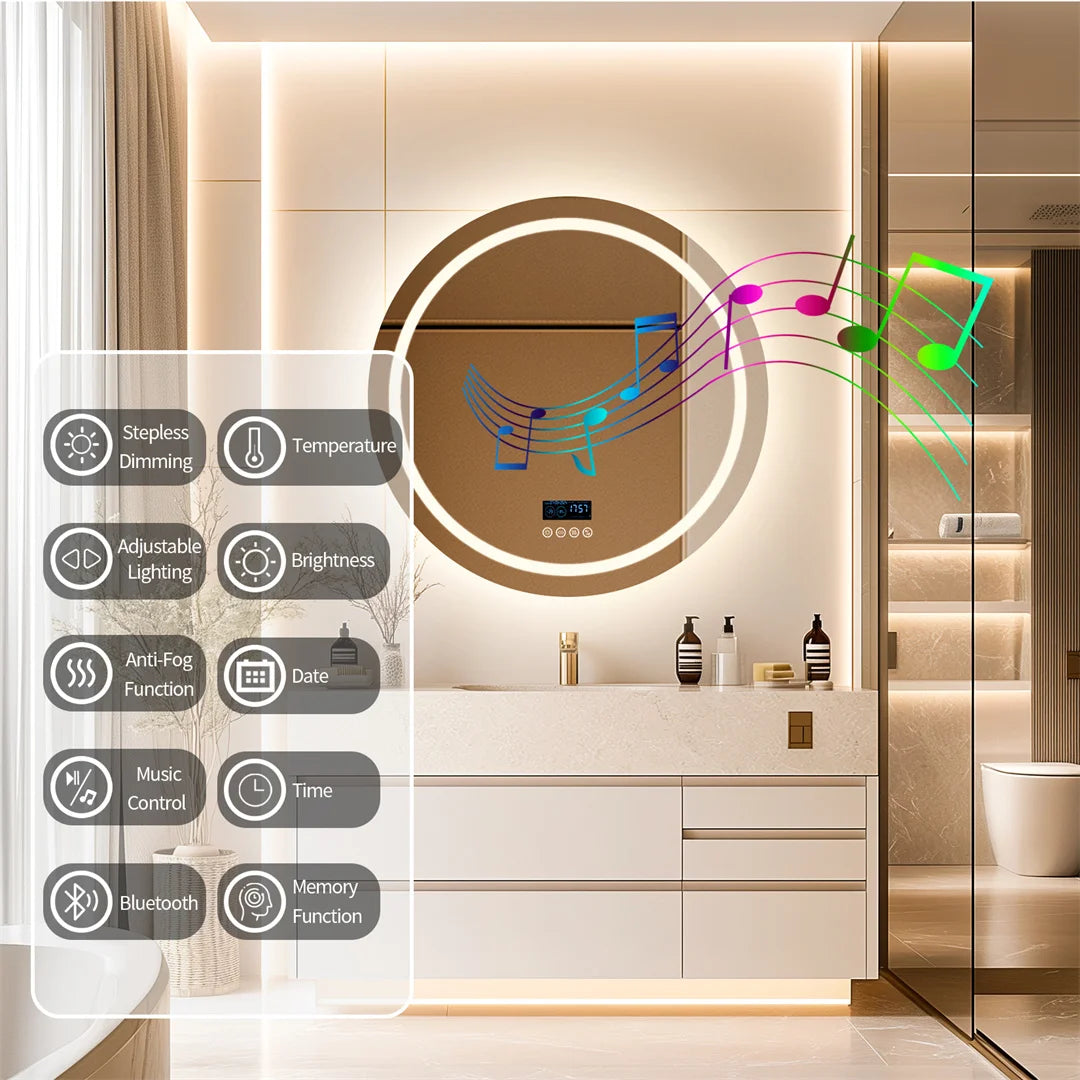 Ronde Led-Badkamerspiegel – Badkamermeubel Spiegel – Make-Up Spiegel – Anti-Beslag Spiegel – Bluetooth Spiegel – 80 CM – Anti-Condens Functie – Instelbare Led-Verlichting - QUORE
