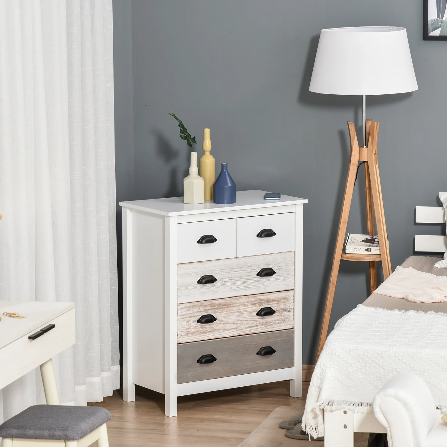Vintage Ladekast – Ladekast Met Laden – Opbergkast – Kast Met Poten – MDF En Dennenhout – Vijf Lades – Kleurenmix