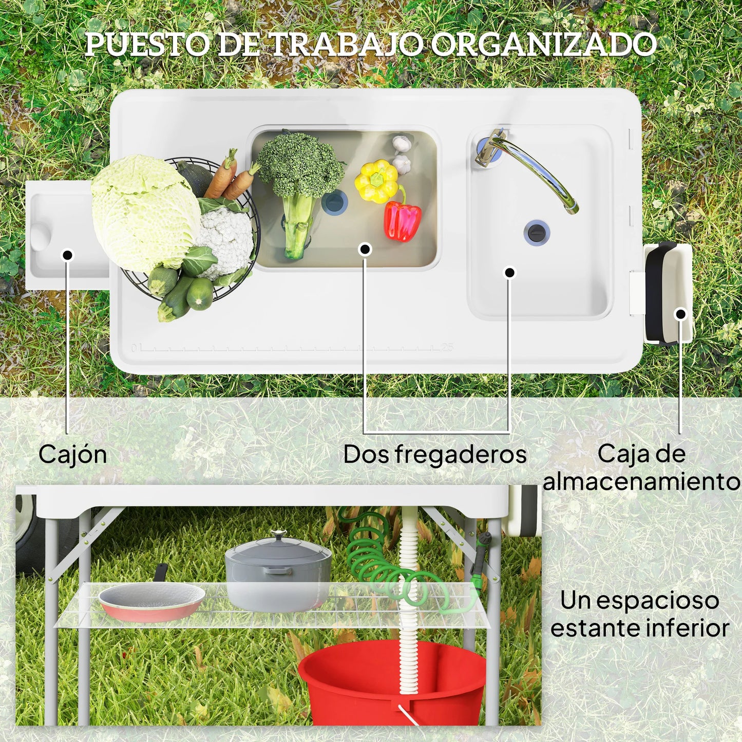 Draagbare Vis- En Campingtafel – Inklapbare Tafel – Spoelbaktafel – Buiten Tafel – HDPE Waterbestendig – Met Kraan En Opbergruimte - 108 x 58 x 92 cm - Wit