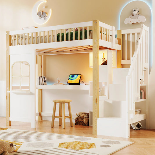 Hoogslaper – Kinderbed – Stapelbed – Bedframe – Huisvormig Bed – 90x200 cm – Massief Hout – Veel Opbergruimte Met Kastjes En Trap