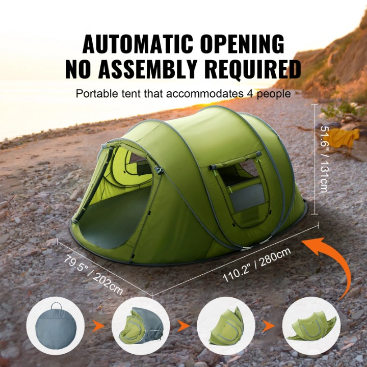 Campingtent - Opvouwbar Campingtent - Pop-Up Tent voor 4 personen - Familietent - Koepeltent - Draagbare - Ultralicht - Waterdicht - voor Buiten - Wandelen - Bergbeklimmen - 280 x 202 x 131 cm - Groen
