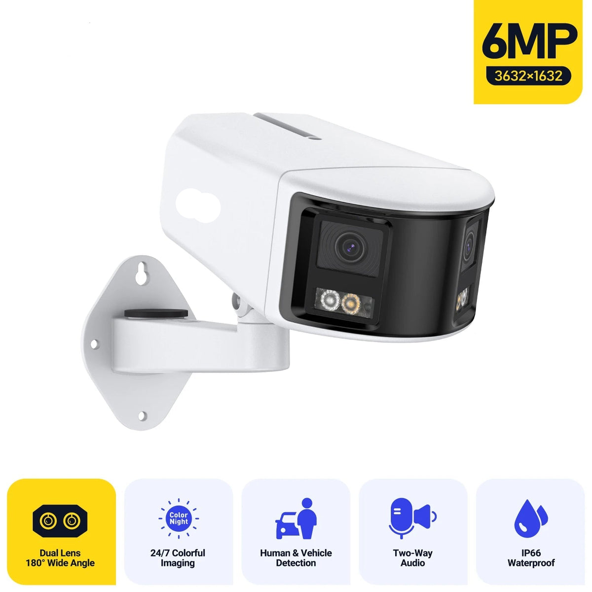 Beveiligingscamera -Bewakingscamera - Camera Met Verstelbare Dubbele Lens - H.264/H.265 - Bidirectionele audiobeveiliging - Voertuigdetectie - 5,0 megapixels - Wit - QUORE
