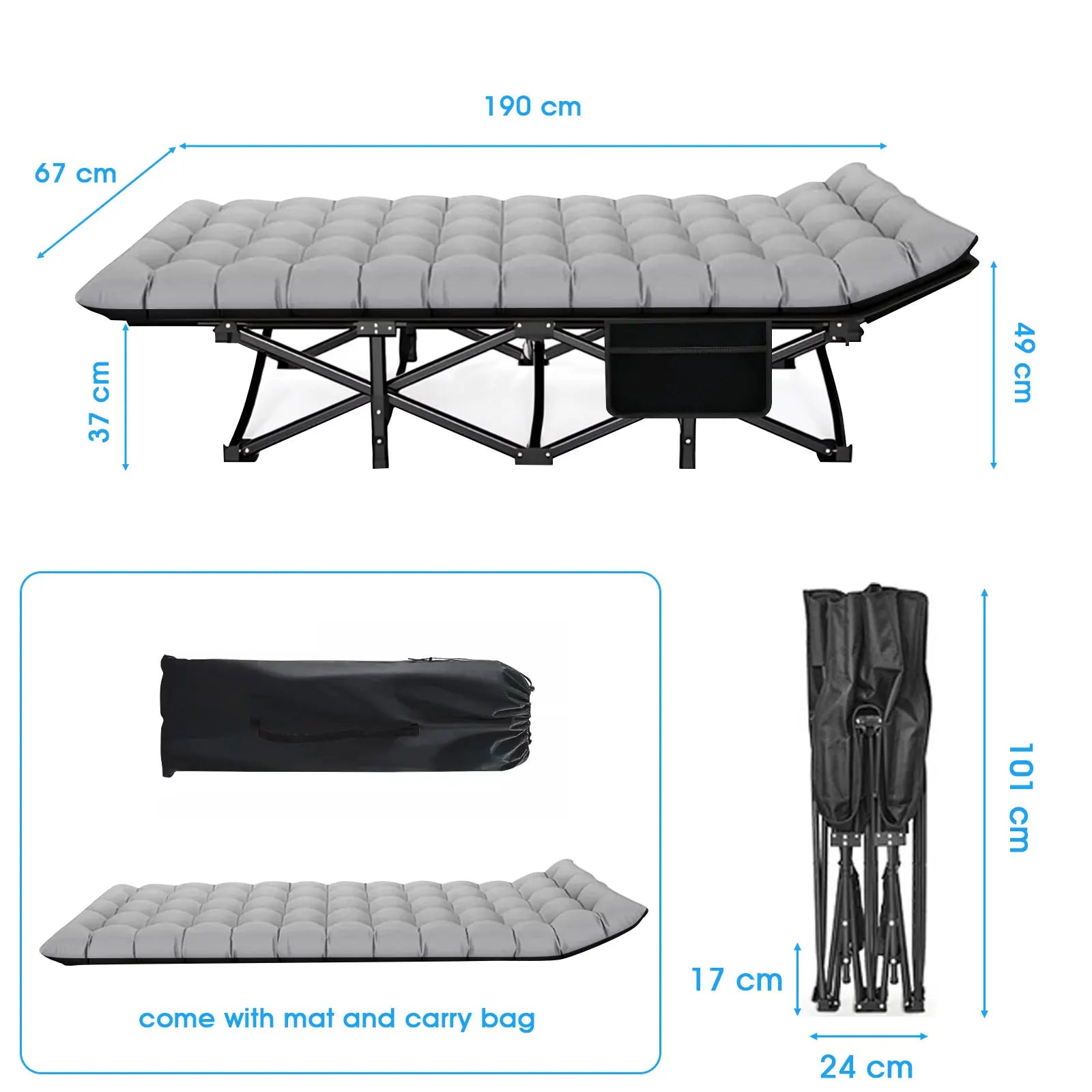Opvouwbaar Campingbed - Kampeerbed - Veldbed - Vouwbed - Ligbed - Draagbaar - Opvouwbaar - 200KG Capaciteit - Grijszwart - QUORE