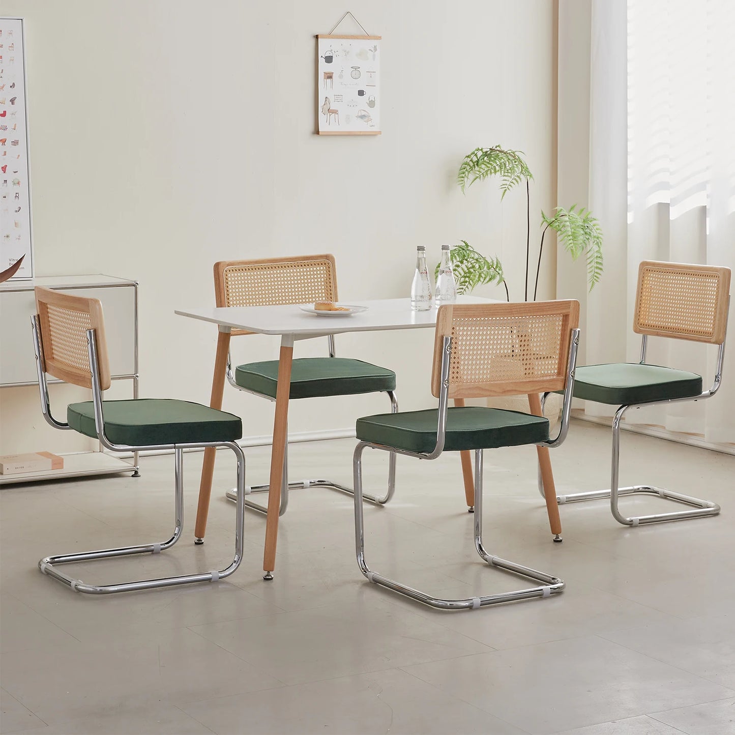 Eetkamerstoelen – Stoelen – Rattan Stoelen – Fluwelen Stoelen – Metalen Frame – Ademend Rattan – Draagvermogen 120 Kg - Groen