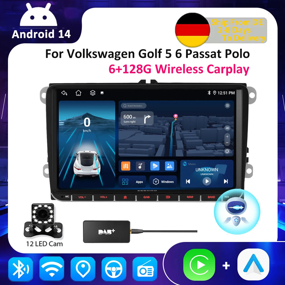 ESSGOO Android 14 Car Radio Carplay 6+128G For Volkswagen Passat b6 b7 golf 5 6 Polo Jetta Skoda Car Multimedia Player GPS WiFi