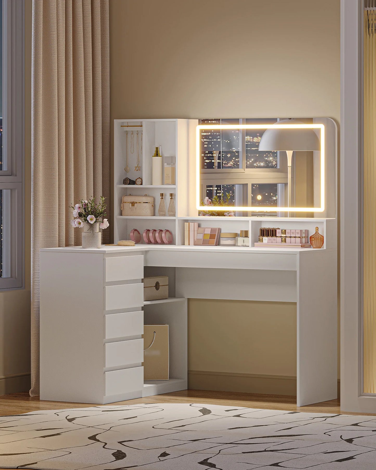 Make-up tafel – hoektoilet – kaptafel – beautytafel – make-up bureau – wit – verstelbare LED-verlichting – ruime opbergladen - QUORE