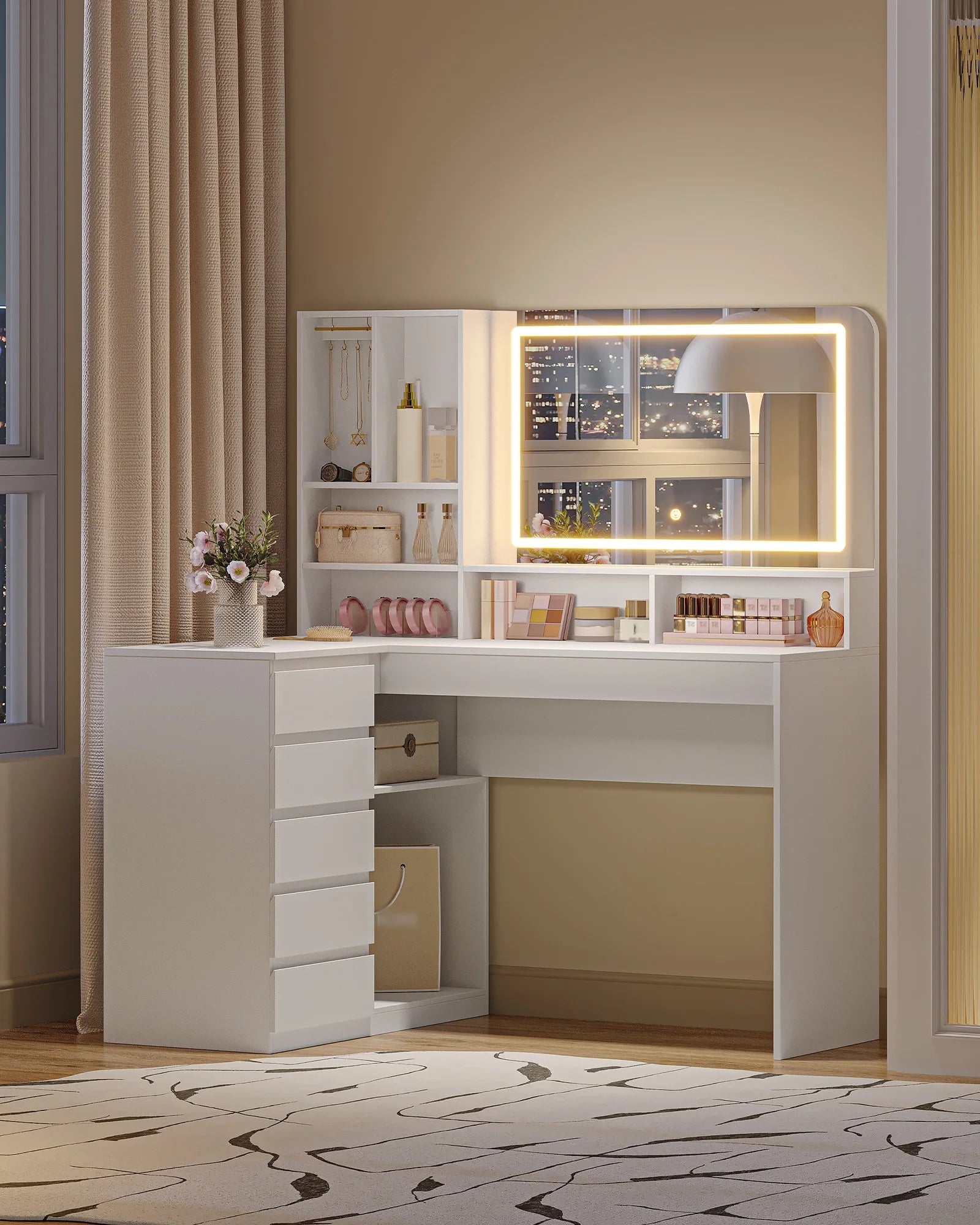 Make-up tafel – hoektoilet – kaptafel – beautytafel – make-up bureau – wit – verstelbare LED-verlichting – ruime opbergladen - QUORE