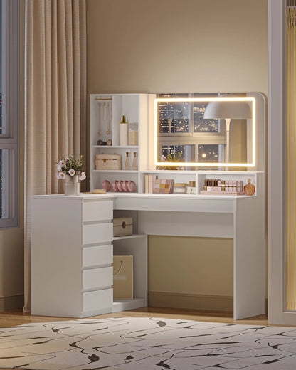 Make-up tafel – hoektoilet – kaptafel – beautytafel – make-up bureau – wit – verstelbare LED-verlichting – ruime opbergladen - QUORE