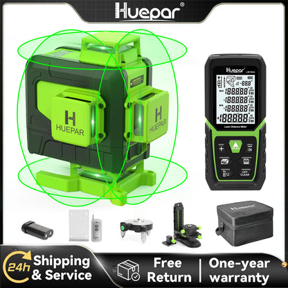 Huepar 904DG 16 Lines Laser Level With 100M Rangefinder 4D Green Beam Cross Line Laser Tools With Remote Control For Tiles Floor