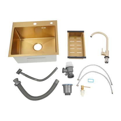 Gouden Spoelbak – Keukenspoelbak – RVS Spoelbak – Enkele Bak – Aanrechtspoelbak – Roestvrij Staal – 50x45x22 cm – Inclusief Kraan en Zeepdispenser - QUORE