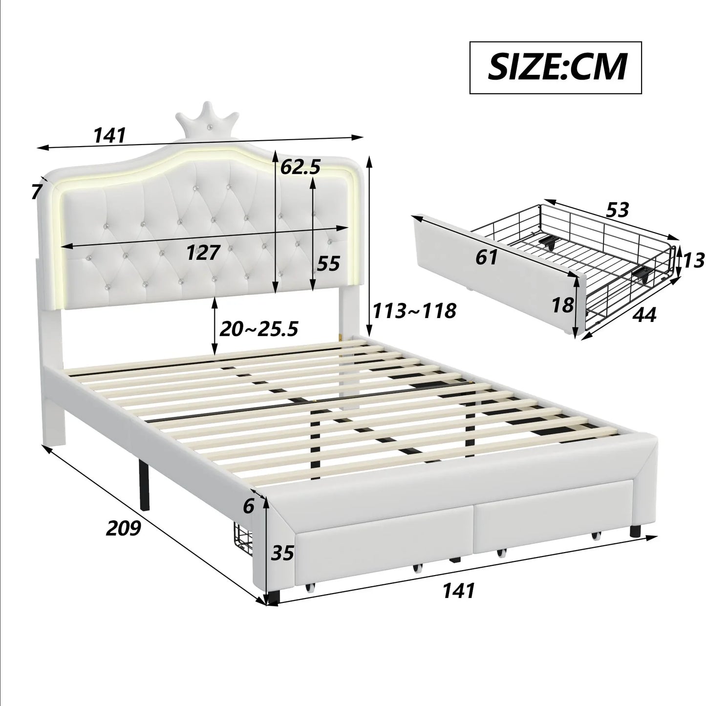 Bedframe – Gestoffeerd Bed – Ledikant – Opbergbed – Slaapbank – Verstelbaar Hoofdeinde – Led-Verlichting