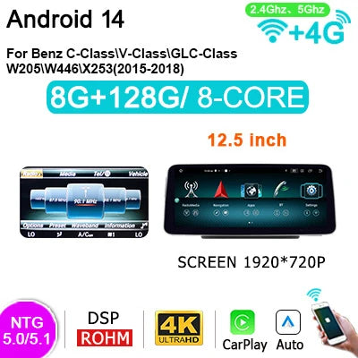 12,5'' Carplay Auto Radio – Multimedia Systeem – Touchscreen Navigatie – Android 14 – Draadloos CarPlay – 8GB RAM – 4G LTE Connectivity - QUORE