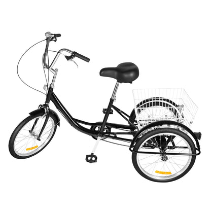 20" 8-Speed Adult Tricycle Adjustable 3-Wheel Bicycle Road Trike Bike Load 110kg with Basket+Bell+Mudguards 160*64cm Black/White