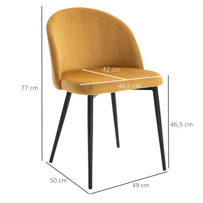 Eetkamerstoelen – Velvet Stoelen – Comfortabele Stoelen – Bistro Stoelen – Metalen Poten – Foamvulling – Compact 49 x 50 x 77 cm - Geel