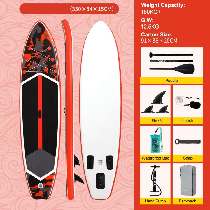 Supboard - Paddle Board - Peddelplank - Surfplank - Opblaasbaar - Inc. Peddel - 3 x Vin - Leash - Riem - Handpomp - Rugzak - Waterdichte Telefoonhoes - 350 x 84 x 15 cm - Rood Camouflage