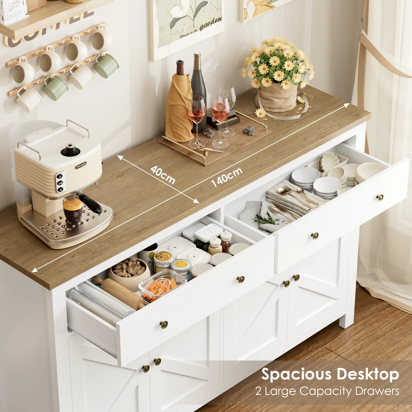 Dressoir – Sideboard – Opbergkast – Kast – Buffetkast – Zwart – 140 cm Breed – Wit Gelakt Frame Met Eikenhouten Blad