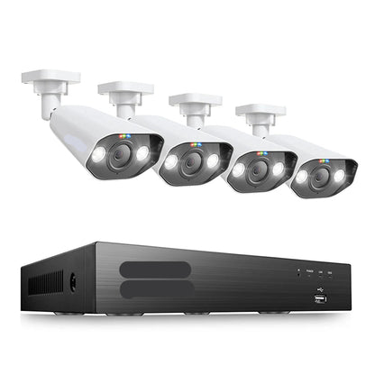 Beveiligingscamerasysteem - CCTV Camerasysteem - 5MP - 8-Kanaals 4K Ultra HD - Openlucht - IP66 Waterdichte - Bewakingscamera - Beveiligingscamera - PoE NVR Kit met Spotlight en Sirene - met IP-Videobewaking - 2TB HDD - 4 Stuks - Wit