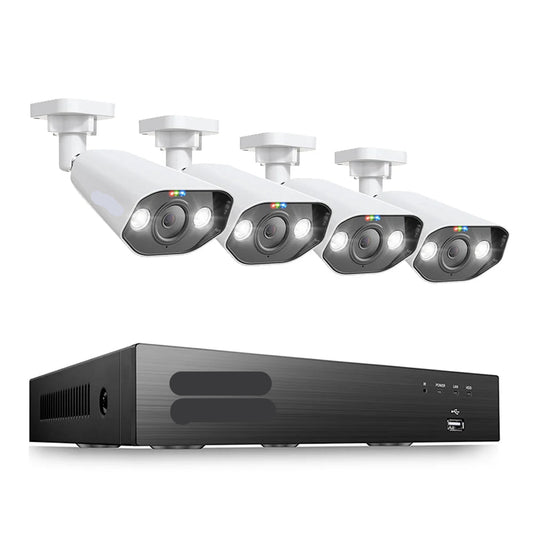 Beveiligingscamerasysteem - CCTV Camerasysteem - 5MP - 8-Kanaals 4K Ultra HD - Openlucht - IP66 Waterdichte - Bewakingscamera - Beveiligingscamera - PoE NVR Kit met Spotlight en Sirene - met IP-Videobewaking - 2TB HDD - 4 Stuks - Wit