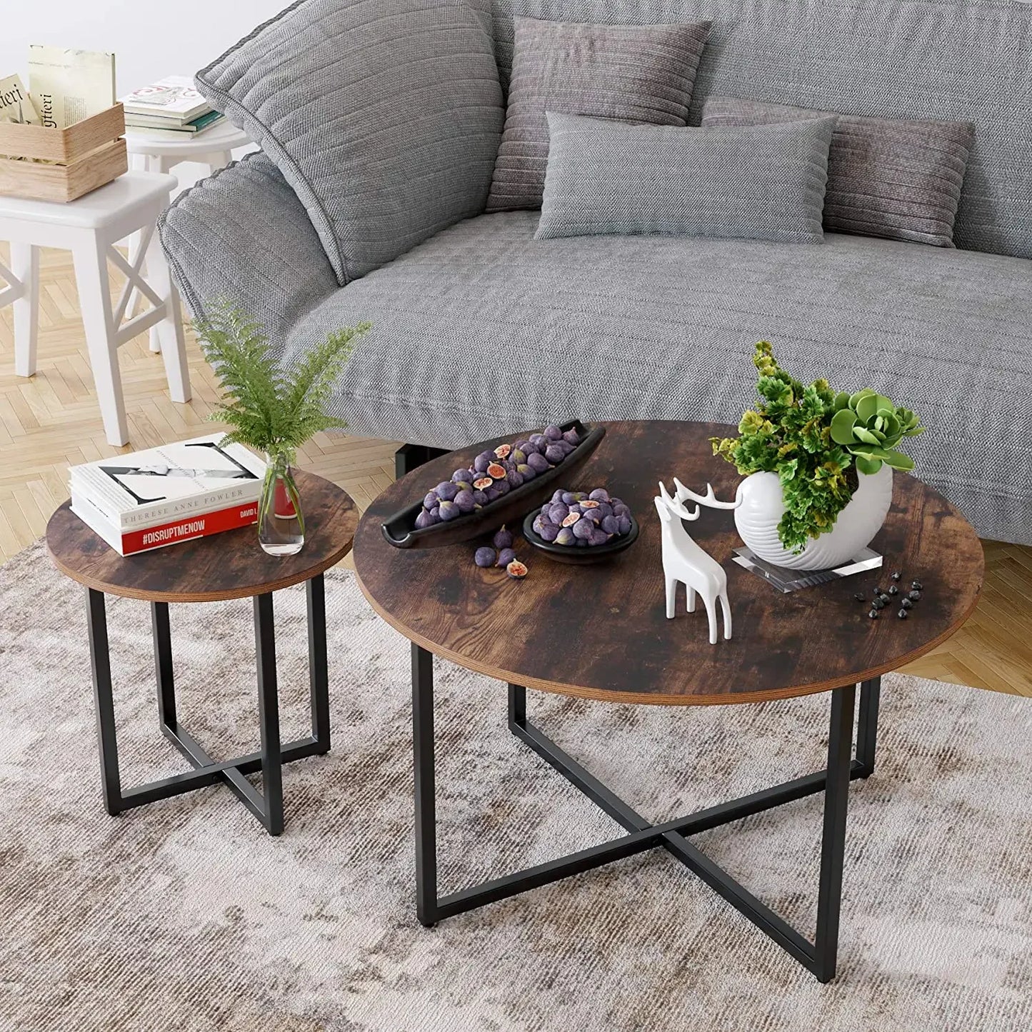 Salontafel - Middelste Tafel - Koffietafel - Woonkamertafel - 2 Stuks - Hout Rond Tafelblad - X-vormig Metaalen Poten - Duurzaam - Stabiel - Ø80 x 45 cm & Ø42 x 40cm - Hout & Zwart - QUORE