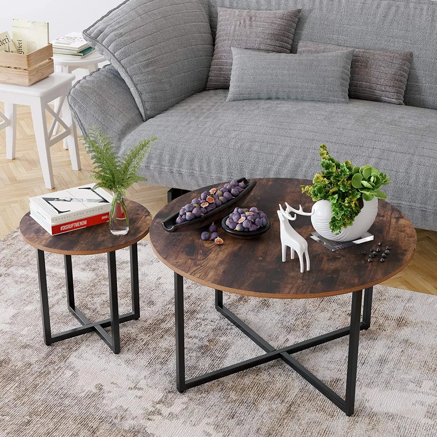 Salontafel - Middelste Tafel - Koffietafel - Woonkamertafel - 2 Stuks - Hout Rond Tafelblad - X-vormig Metaalen Poten - Duurzaam - Stabiel - Ø80 x 45 cm & Ø42 x 40cm - Hout & Zwart - QUORE