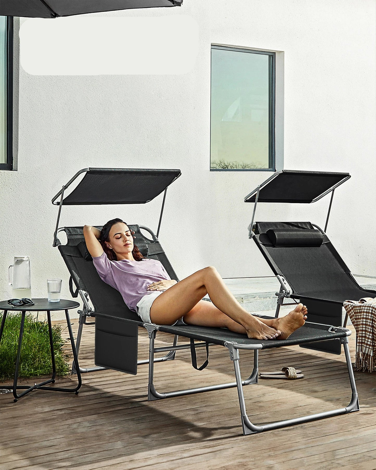 Zonnebed – Ligstoel – Tuinbed – Strandbed – Inklapbaar – Verstelbare Parasol – Gepoedercoat Staal - QUORE