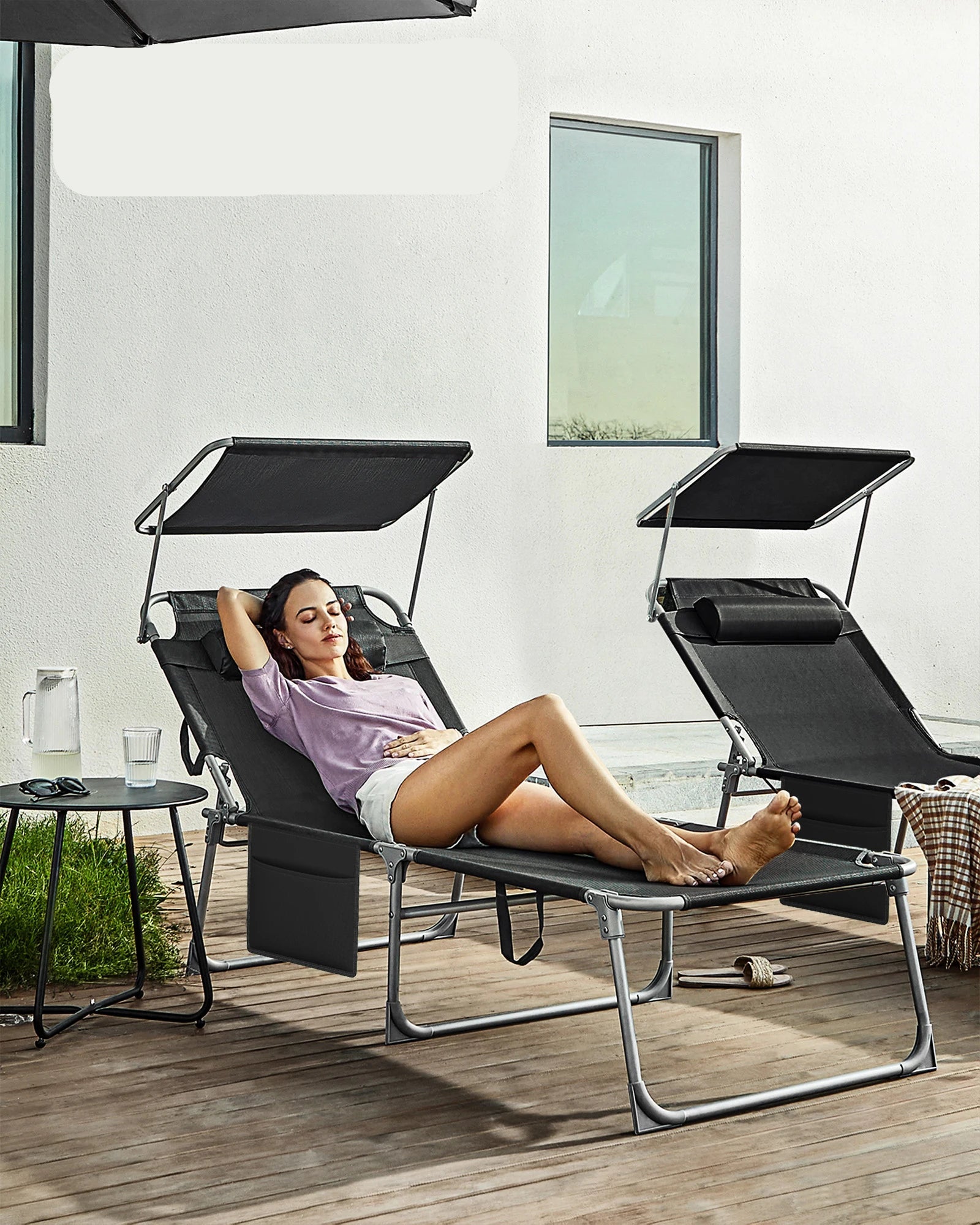 Zonnebed – Ligstoel – Tuinbed – Strandbed – Inklapbaar – Verstelbare Parasol – Gepoedercoat Staal - QUORE