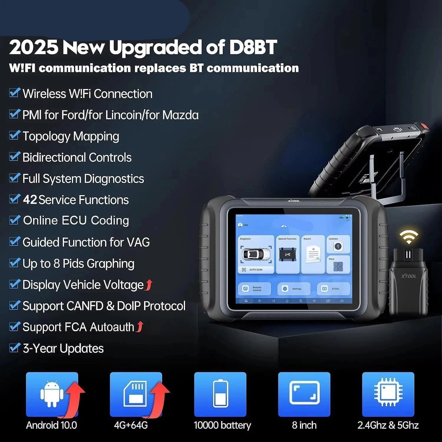 Autodiagnosetool – Auto Scanner – Diagnoseapparaat – OBD2 Scanner – WiFi En Bluetooth – 8-Inch Touchscreen – 5000mAh Batterij