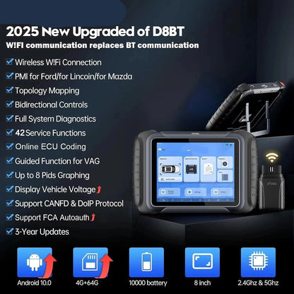 Autodiagnosetool – Auto Scanner – Diagnoseapparaat – OBD2 Scanner – WiFi En Bluetooth – 8-Inch Touchscreen – 5000mAh Batterij
