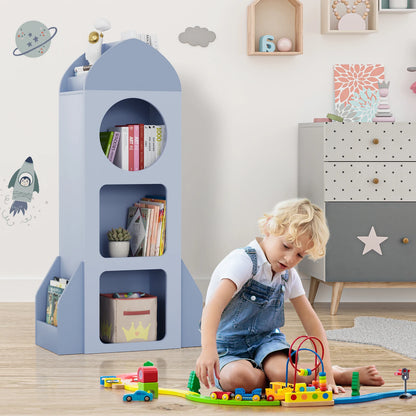 Kinderboekenkast – Raket Boekenkast – Kinderkast – Speelgoedkast – Kinderboekenplank – Lichtblauw – MDF Hoogwaardige Materialen – 120 cm Hoog