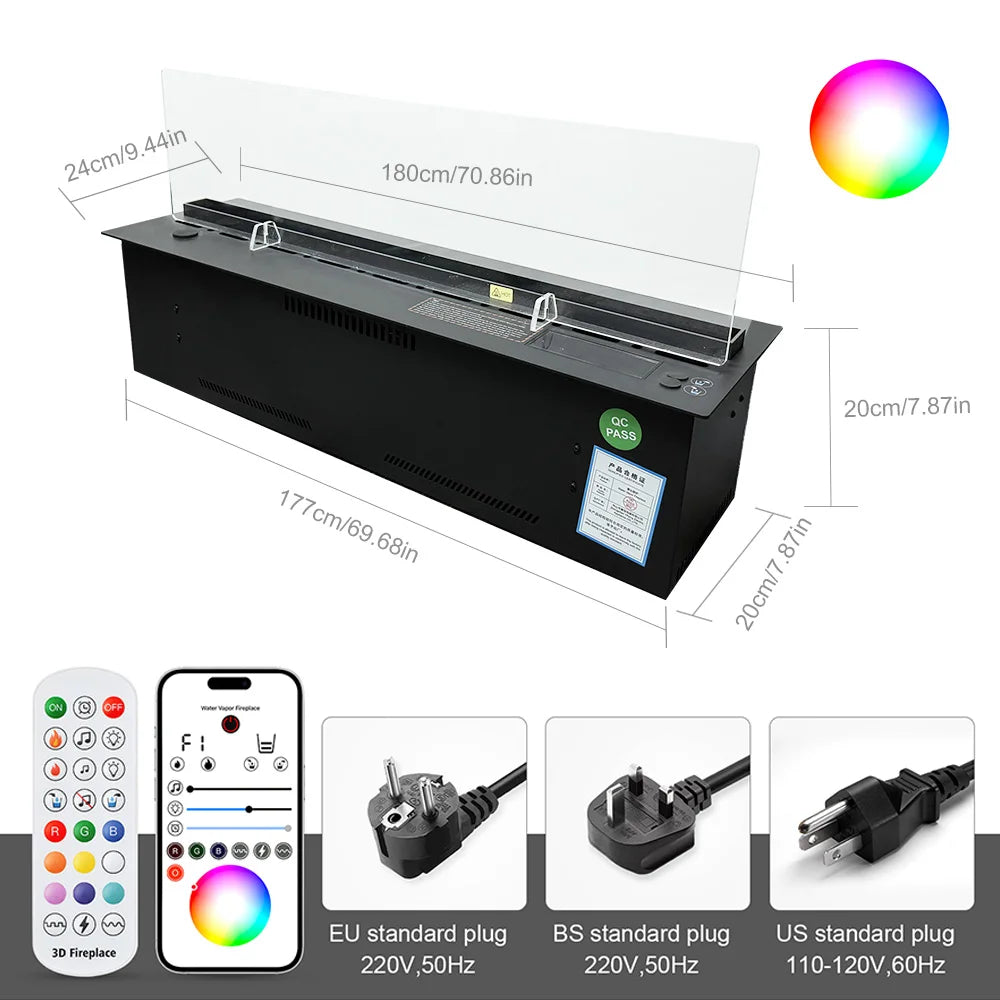 Aroma Mist Openhaard – Sfeerkachel – Waterdamp Haard – LED Openhaard – Geurmist Haard – 1800 mm Inbouw – Automatische Wateraanvulling – Knisperend Houtgeluid