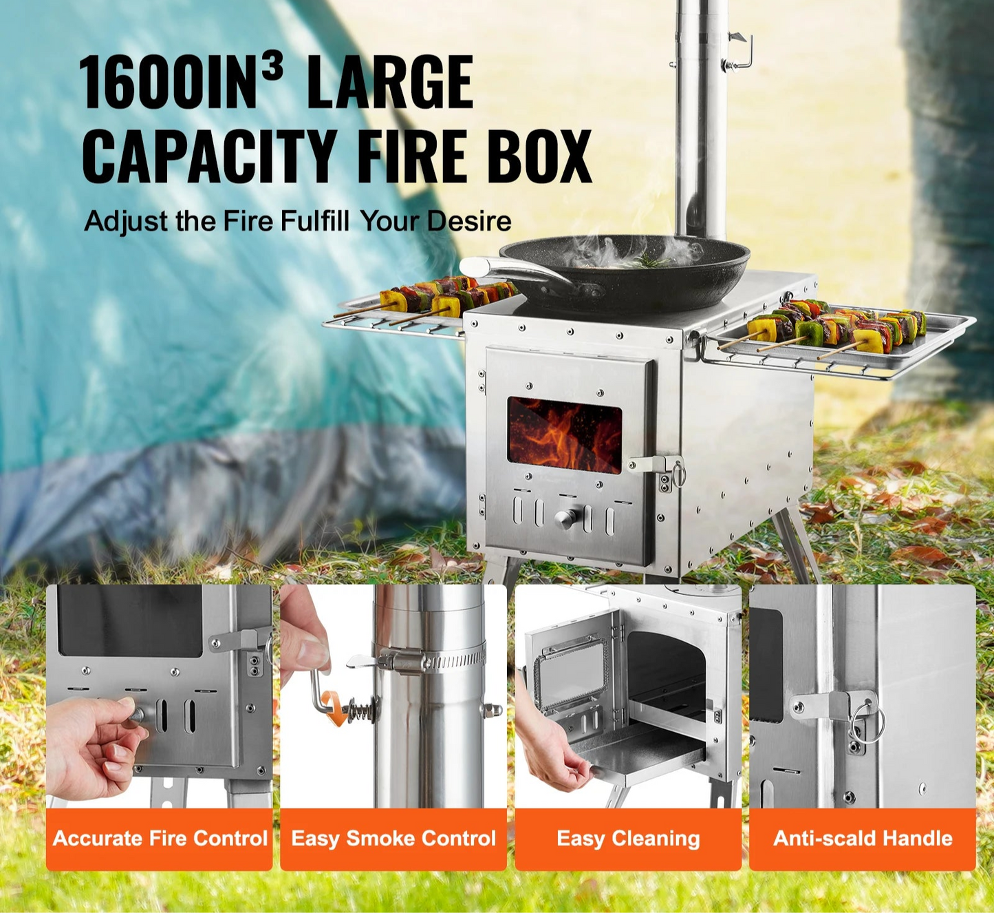 Houtkachel - Veranda Kachel - Draagbaar Houtkachelfornuis - Survival Firewood Stove - Camping Kachel - met Schoorsteenpijpen - Handschoenen - RVS - 45 x 66 cm - Zilver - QUORE