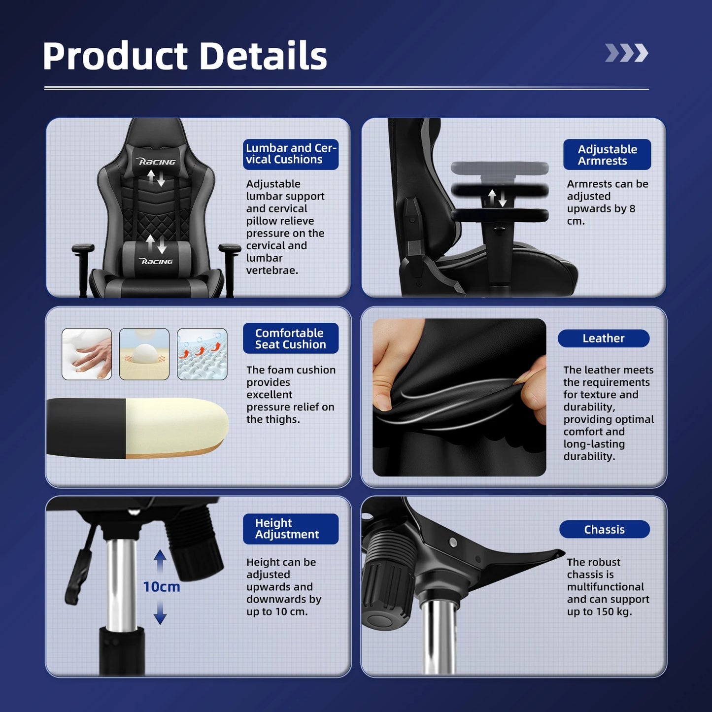 Ergonomische Gamingstoel – Bureaustoel – Relaxstoel – Office Chair – Zwart Grijs – Verstelbare Armleuningen – Rugleuning 90°-170°