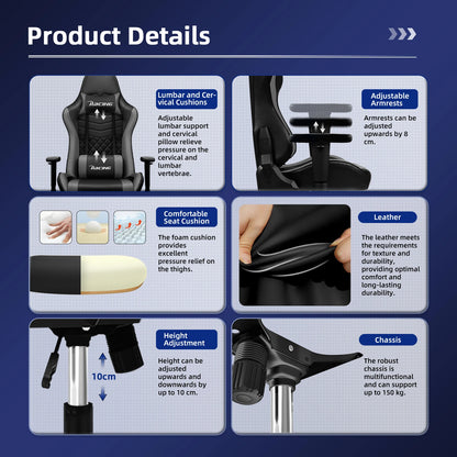Ergonomische Gamingstoel – Bureaustoel – Relaxstoel – Office Chair – Zwart Grijs – Verstelbare Armleuningen – Rugleuning 90°-170°