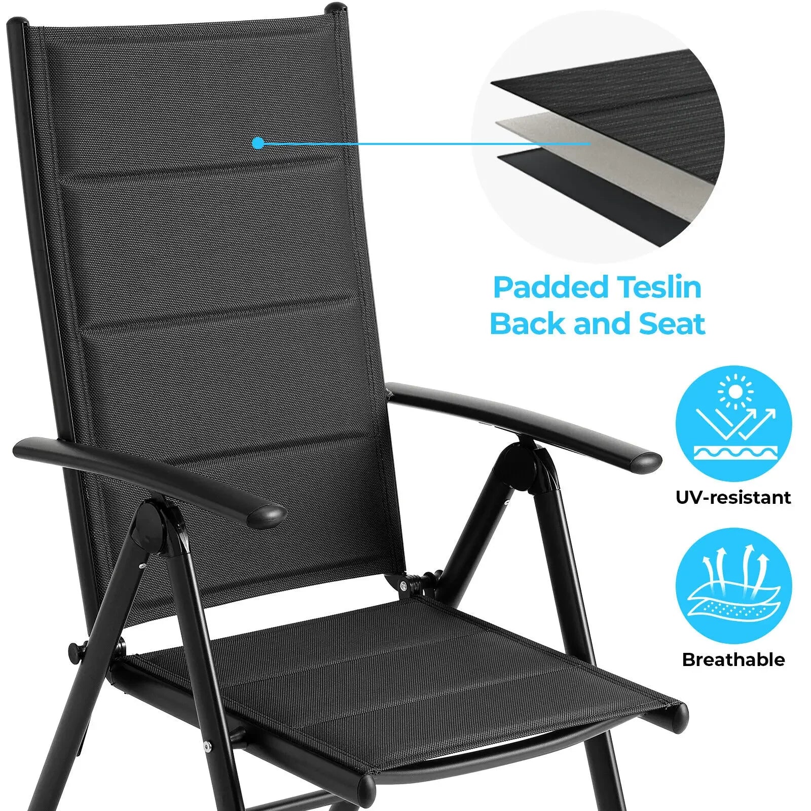 Inklapbare Tuinstoelen – Vouwstoelen – Balkonstoelen – Campingstoelen – Barbecue Stoelen – 7-Posities Verstelbare Rugleuning – Lichtgewicht Aluminium Frame - Zwart - QUORE