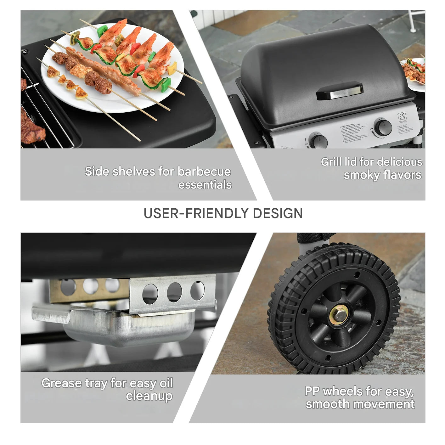 Gasbarbecue - BBQ-rokergrill -  met 2 Branders - 2-zijdige Barbecuetafel - Planken - Wielen - Groot Grilloppervlak - voor Buiten - Tuin - Achtertuingrillen - 104 x 49 x 99 cm - Zwart - QUORE