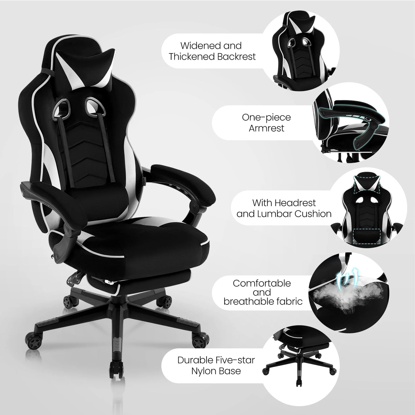 Ergonomische Gaming- en Bureaustoel – Comfortabele Werkstoel – Verstelbare Rugleuning – Voetensteun – Stof – Maximale Draagkracht 120 Kg – Zwenkwielen - Wit