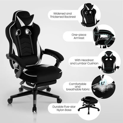 Ergonomische Gaming- en Bureaustoel – Comfortabele Werkstoel – Verstelbare Rugleuning – Voetensteun – Stof – Maximale Draagkracht 120 Kg – Zwenkwielen - Wit