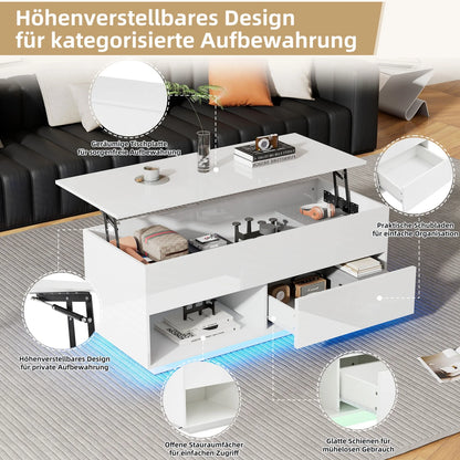 Hoogglans Salontafel – Koffietafel – Tafeltje – Woonkamertafel – Tafel Met Verstelbaar Blad – LED-Verlichting – Lade En Open Opbergruimte – 100x50x55 cm – Robuuste Constructie