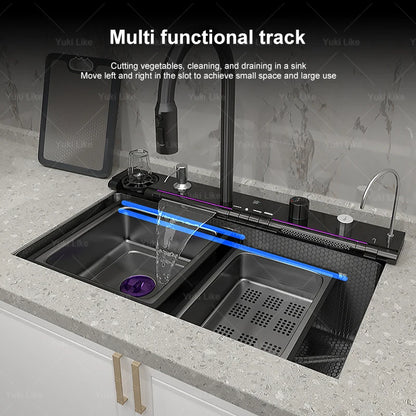 New Waterfall Kitchen Sink Stainless Steel Multi-function Large Single Slot Integrated Digital Display Wash Basin