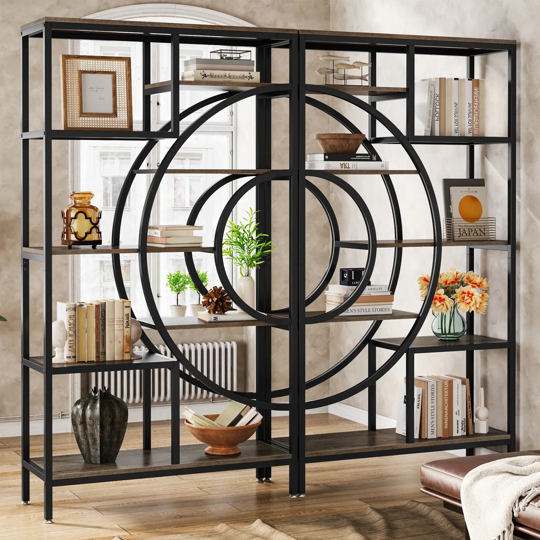 Boekenkast – Open Kast – Plankenrek – Opbergmeubel – Houten Frame – Industrieel Metalen Frame – 8-Laags Geometrisch Design - Zwart - QUORE