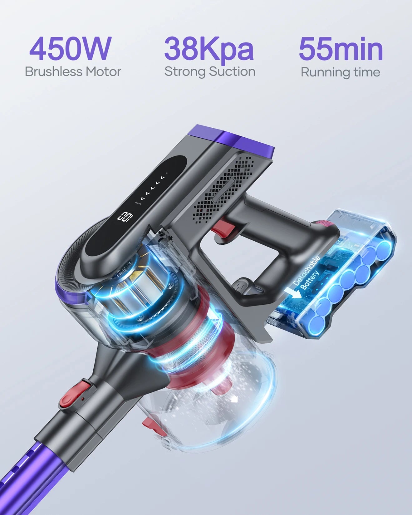 Steelstofzuiger - Vacuum Cleaner - Draadloze Stofzuiger- Kruimeldief Snoerloos - 450W - 38Kpa Zuigkracht - Handstofzuiger - met Touchscreen en 1.5L Stofreservoir - voor Tapijt, Vloer & Auto