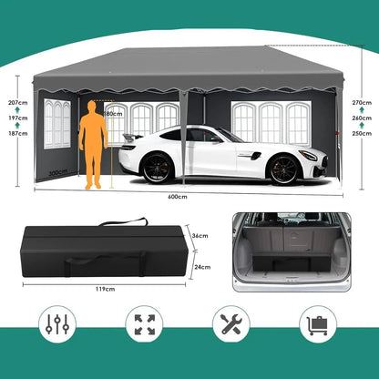 Tuinpaviljoen - Partytent - Partytenten - Paviljoen - Easy up Partytent - 3x6m - Waterdicht - Opvouwbare - Inclusief 4 Zijpanelen – Ideaal voor Evenementen, Feesten en Bruiloften – Donkergrijze Afwerking