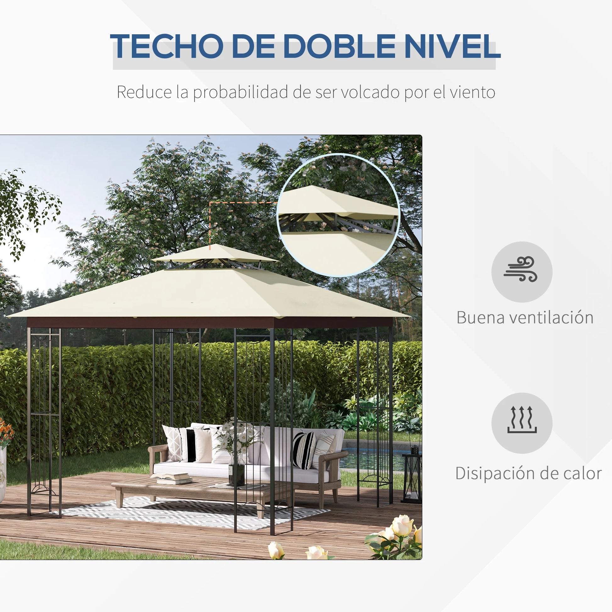 Prieel - Tuinprieel - Tuin Paviljoen - Luxe Garden Paviljoen 3x3m - Met Dubbele Ventilatiedak & Zonnedoek - Beige - 297x297x265 cm - QUORE