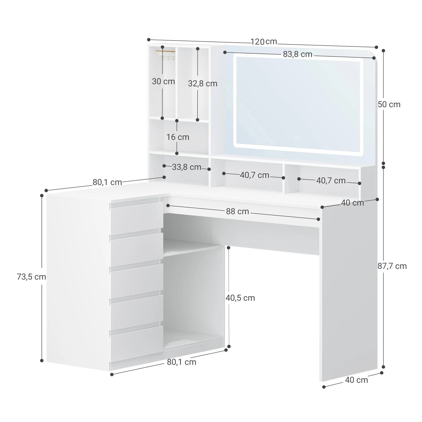 Make-up tafel – hoektoilet – kaptafel – beautytafel – make-up bureau – wit – verstelbare LED-verlichting – ruime opbergladen - QUORE
