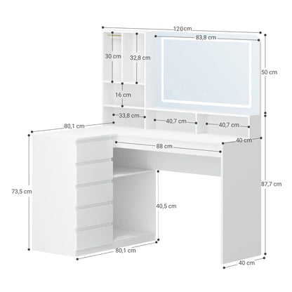 Make-up tafel – hoektoilet – kaptafel – beautytafel – make-up bureau – wit – verstelbare LED-verlichting – ruime opbergladen - QUORE