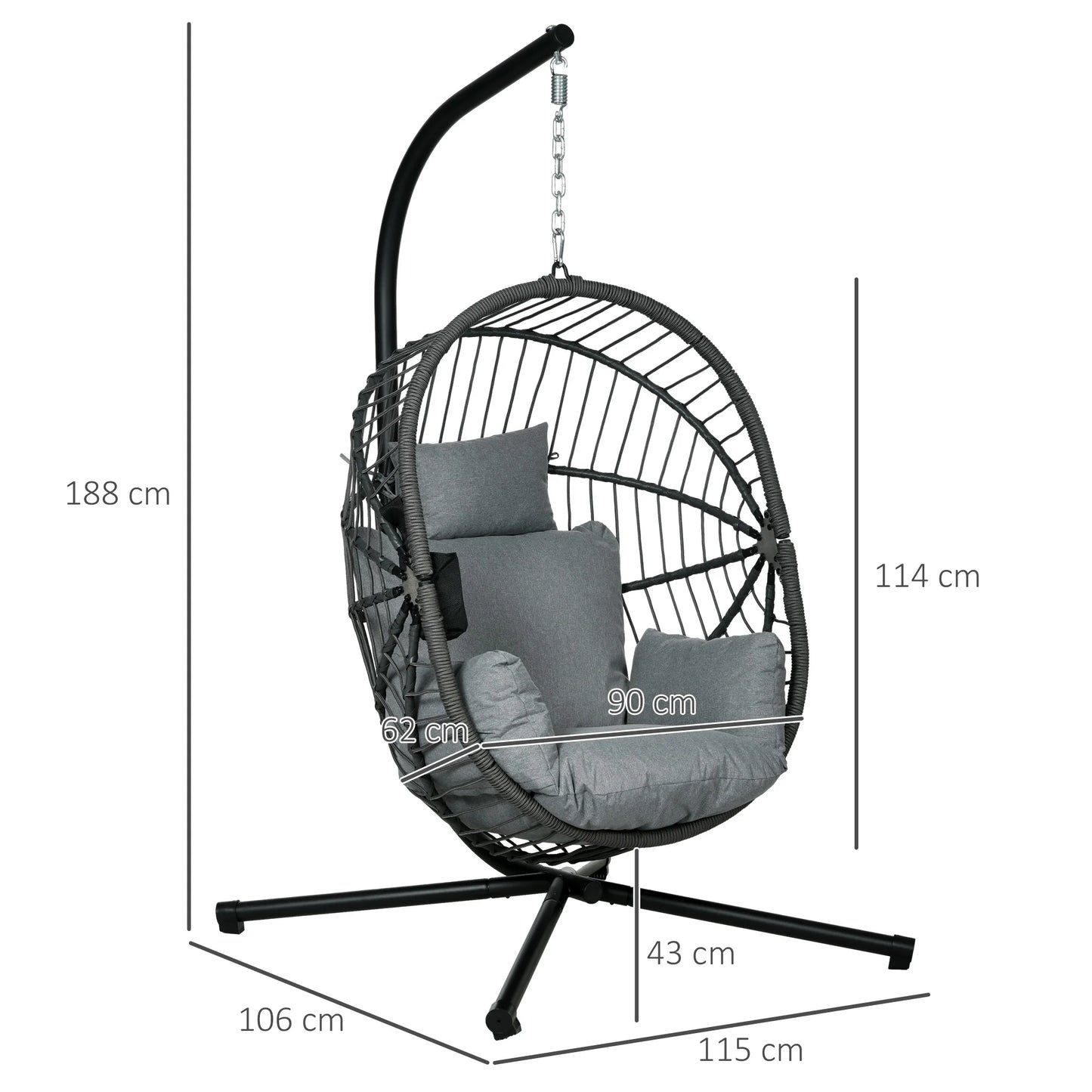 Hangstoel in Ei-vorm - Egg Hangstoel - Hangstoel Ei - Tuin Schommelstoel - met Standaard - Opvouwbare Mand - Inclusief Kussen - en Opbergvak - voor Buiten - Terrasdecoratie - Balkon - Donkergrijs - QUORE