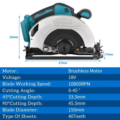 Cirkelzaag - Zaag - Cirkelzaagmachine - Draadloze - Borstelloze - 7" (180mm) - 5000RPM - Verstelbare Hoek – Compatibel met 18V/21V Batterijen – Voor Hout, PVC en Steen - QUORE